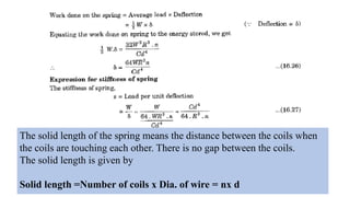 The solid length of the spring means the distance between the coils when
the coils are touching each other. There is no gap between the coils.
The solid length is given by
Solid length =Number of coils x Dia. of wire = nx d
 