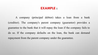 EXAMPLE :
A company (principal debtor) takes a loan from a bank
(creditor). The company's parent company (guarantor) provides a
guarantee to the bank that it will repay the loan if the company fails to
do so. If the company defaults on the loan, the bank can demand
repayment from the parent company under the guarantee.
 