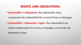 RIGHTS AND OBLIGATIONS:
• Indemnifier's obligations: the indemnifier must
compensate the indemnified for covered losses or damages.
• Indemnified / Indemnitee rights: the indemnified can
claim compensation for losses or damages covered by the
indemnity clause.
 