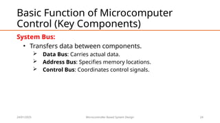 24/01/2025 Microcontroller Based System Design 24
Basic Function of Microcomputer
Control (Key Components)
System Bus:
• Transfers data between components.
 Data Bus: Carries actual data.
 Address Bus: Specifies memory locations.
 Control Bus: Coordinates control signals.
 