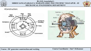 B.L.D.E.Association’s
SHREE SANGANABASAVA MAHASWAMIJI POLYTECHNIC VIJAYAPUR – 03
MECHANICAL ENGINEERING DEPARTMENT
B.L.D.E.Association’s
SHREE SANGANABASAVA MAHASWAMIJI POLYTECHNIC VIJAYAPUR – 03
MECHANICAL ENGINEERING DEPARTMENT
Course : DC generator construction and working Course Coordinator : Smt V.R.Kannur
•Construction:
 