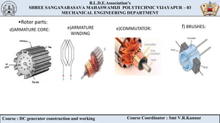 B.L.D.E.Association’s
SHREE SANGANABASAVA MAHASWAMIJI POLYTECHNIC VIJAYAPUR – 03
MECHANICAL ENGINEERING DEPARTMENT
B.L.D.E.Association’s
SHREE SANGANABASAVA MAHASWAMIJI POLYTECHNIC VIJAYAPUR – 03
MECHANICAL ENGINEERING DEPARTMENT
Course : DC generator construction and working Course Coordinator : Smt V.R.Kannur
•Rotor parts:
d)ARMATURE CORE: e)COMMUTATOR: f) BRUSHES:
e)ARMATURE
WINDING
 