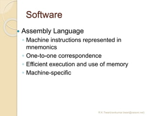 Software
R.K.Tiwari(ravikumar.tiwari@raisoni.net)
 Assembly Language
◦ Machine instructions represented in
mnemonics
◦ On...