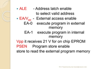 R.K.Tiwari(ravikumar.tiwari@raisoni.net)
 ALE - Address latch enable
to select valid address
 EA/Vpp - External access enable
EA-0 execute program in external
memory
EA-1 execute program in internal
memory
Vpp it receives 21 V for on chip EPROM
PSEN Program store enable
store to read the external program memory
 