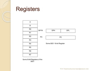 Registers
R.K.Tiwari(ravikumar.tiwari@raisoni.net)
A
B
R0
R1
R3
R4
R2
R5
R7
R6
DPH DPL
PC
DPTR
PC
Some 8051 16-bit Register
Some 8-bitt Registers of the
8051
 