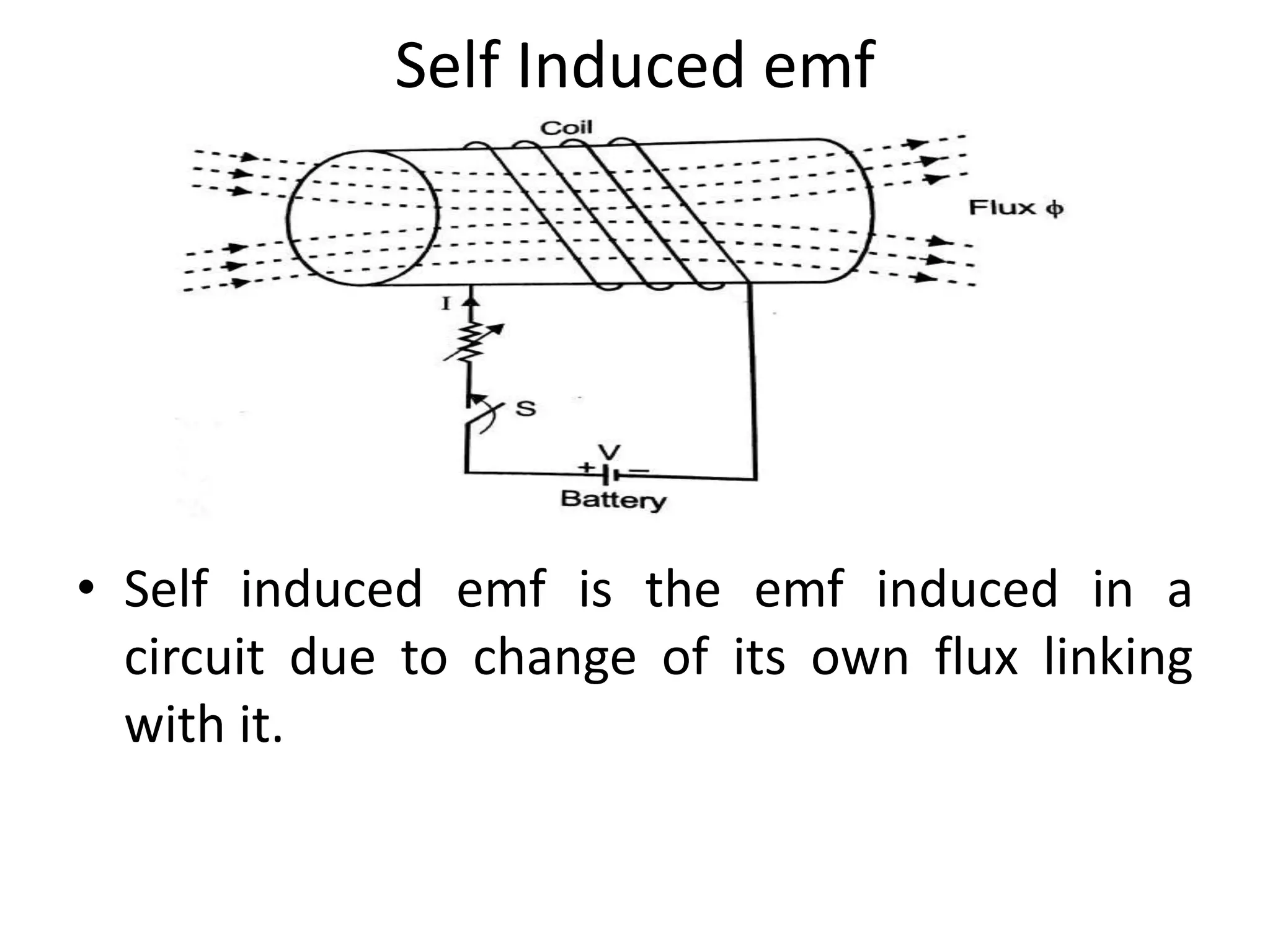 Self Induced emf
• Self induced emf is the emf induced in a
circuit due to change of its own flux linking
with it.
 