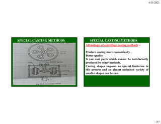 6/11/2021
137
Advantages of centrifuge casting methods :-
Produce casting more economically.
Better quality
It can cast parts which cannot be satisfactorily
produced by other methods.
Casting shapes imposes no special limitation in
this process and an almost unlimited variety of
smaller shapes can be cast.
 