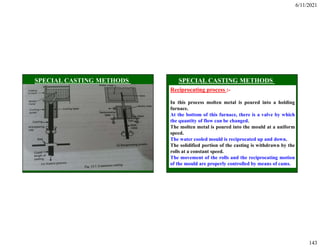 6/11/2021
143
Reciprocating process :-
In this process molten metal is poured into a holding
furnace.
At the bottom of this furnace, there is a valve by which
the quantity of flow can be changed.
The molten metal is poured into the mould at a uniform
speed.
The water cooled mould is reciprocated up and down.
The solidified portion of the casting is withdrawn by the
rolls at a constant speed.
The movement of the rolls and the reciprocating motion
of the mould are properly controlled by means of cams.
 