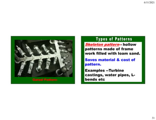 6/11/2021
31
Gated Pattern
Skeleton pattern-- hollow
patterns made of frame
work filled with loam sand.
Saves material & cost of
pattern.
Examples --Turbine
castings, water pipes, L-
bends etc
 