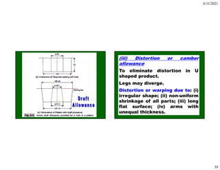 6/11/2021
39
78
(iii) Distortion or camber
allowance
To eliminate distortion in U
shaped product.
Legs may diverge.
Distortion or warping due to: (i)
irregular shape; (ii) non-uniform
shrinkage of all parts; (iii) long
flat surface; (iv) arms with
unequal thickness.
 