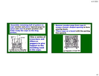 6/11/2021
43
•Assemble remaining half of pattern in
cope section and place tapered pegs for
sprue and riser in proper position and
make ready the cope as the drag
portion.
•Use a series of
cross-bars and
lifters or
gaggers to give
support to the
moulding sand
in the cope.
• Remove wooden pegs from cope &
scoop a funnel- shaped opening to form
pouring basin.
• Place cope on a board with the parting
line upward.
 