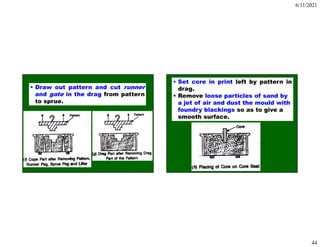 6/11/2021
44
• Draw out pattern and cut runner
and gate in the drag from pattern
to sprue.
• Set core in print left by pattern in
drag.
• Remove loose particles of sand by
a jet of air and dust the mould with
foundry blackings so as to give a
smooth surface.
 