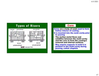 6/11/2021
67
ISE 316 - Manufacturing
Processes Engineering
Core
Cores are a body of sand used to form
hollow interior of casting .
It is inserted into the mold cavity prior
to pouring
• The molten metal flows and
solidifies between the mold cavity
and the core to form the casting's
external and internal surfaces
• May require supports to hold it in
position in the mold cavity during
pouring, called chaplets
 