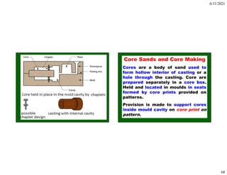 6/11/2021
68
Core Sands and Core Making
Cores are a body of sand used to
form hollow interior of casting or a
hole through the casting. Core are
prepared separately in a core box.
Held and located in moulds in seats
formed by core prints provided on
patterns.
Provision is made to support cores
inside mould cavity on core print on
pattern.
 