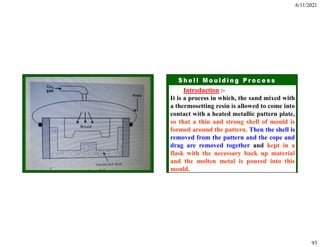 6/11/2021
93
Introduction :-
It is a process in which, the sand mixed with
a thermosetting resin is allowed to come into
contact with a heated metallic pattern plate,
so that a thin and strong shell of mould is
formed around the pattern. Then the shell is
removed from the pattern and the cope and
drag are removed together and kept in a
flask with the necessary back up material
and the molten metal is poured into this
mould.
 