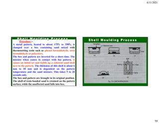 6/11/2021
94
Procedure :-
A metal pattern, heated to about 1750c to 3500c, is
clamped over a box containing sand mixed with
thermosetting resin such as phenol formaldehyde, urea
formaldehyde or polyesters.
The box and pattern are inverted for a short time. The
mixture when comes in contact with hot pattern, it
causes an initial set and builds up a coherent sand shell
next to the pattern. The thickness of this shell is about 6
mm to 18 mm and is dependent on the pattern
temperature and the sand mixture. This takes 5 to 20
seconds only.
The box and pattern are brought in its original position.
The shell of resin bonded sand is retained on the pattern
surface, while the unaffected sand falls into box.
 