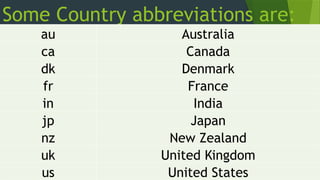 Some Country abbreviations are:
au Australia
ca Canada
dk Denmark
fr France
in India
jp Japan
nz New Zealand
uk United Kingdom
us United States
 