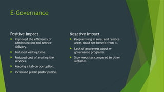 E-Governance
Positive Impact
 Improved the efficiency of
administration and service
delivery.
 Reduced waiting time.
 Reduced cost of availing the
services.
 Keeping a tab on corruption.
 Increased public participation.
Negative Impact
 People living in rural and remote
areas could not benefit from it.
 Lack of awareness about e-
governance programs.
 Slow websites compared to other
websites.
 