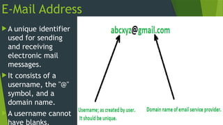 E-Mail Address
 A unique identifier
used for sending
and receiving
electronic mail
messages.
 It consists of a
username, the "@"
symbol, and a
domain name.
 A username cannot
have blanks.
 