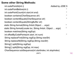 112
UNIT-I
Some other String Methods:
String replaceAll(String regExp,String newStr)
int codePointAt(int i) Added by J2SE 5
int codePointBefore(int i) “
int codePointCount(int start,int end) “
boolean contains(CharSequence str) “
boolean contentEquals(CharSequence str) “
boolean contentEquals(StringBuffer str)
static String format(String fmtstr,Object … args) “
static String format(Locale loc, String fmtstr, Object … args) “
boolean matches(String regExp)
int offsetByCodePoints(int start, int num) “
String replaceFirst(String regExp,String newStr)
String[ ] split(String regExp)
String[ ] split(String regExp, int max)
CharSequence subSequence(int startIndex, int stopIndex)
UNIT I 112
 