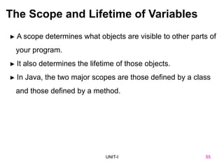 55
UNIT-I
The Scope and Lifetime of Variables
► A scope determines what objects are visible to other parts of
your program.
► It also determines the lifetime of those objects.
► In Java, the two major scopes are those defined by a class
and those defined by a method.
UNIT I 55
 