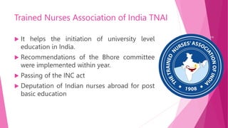 Trained Nurses Association of India TNAI
 It helps the initiation of university level
education in India.
 Recommendations of the Bhore committee
were implemented within year.
 Passing of the INC act
 Deputation of Indian nurses abroad for post
basic education
 