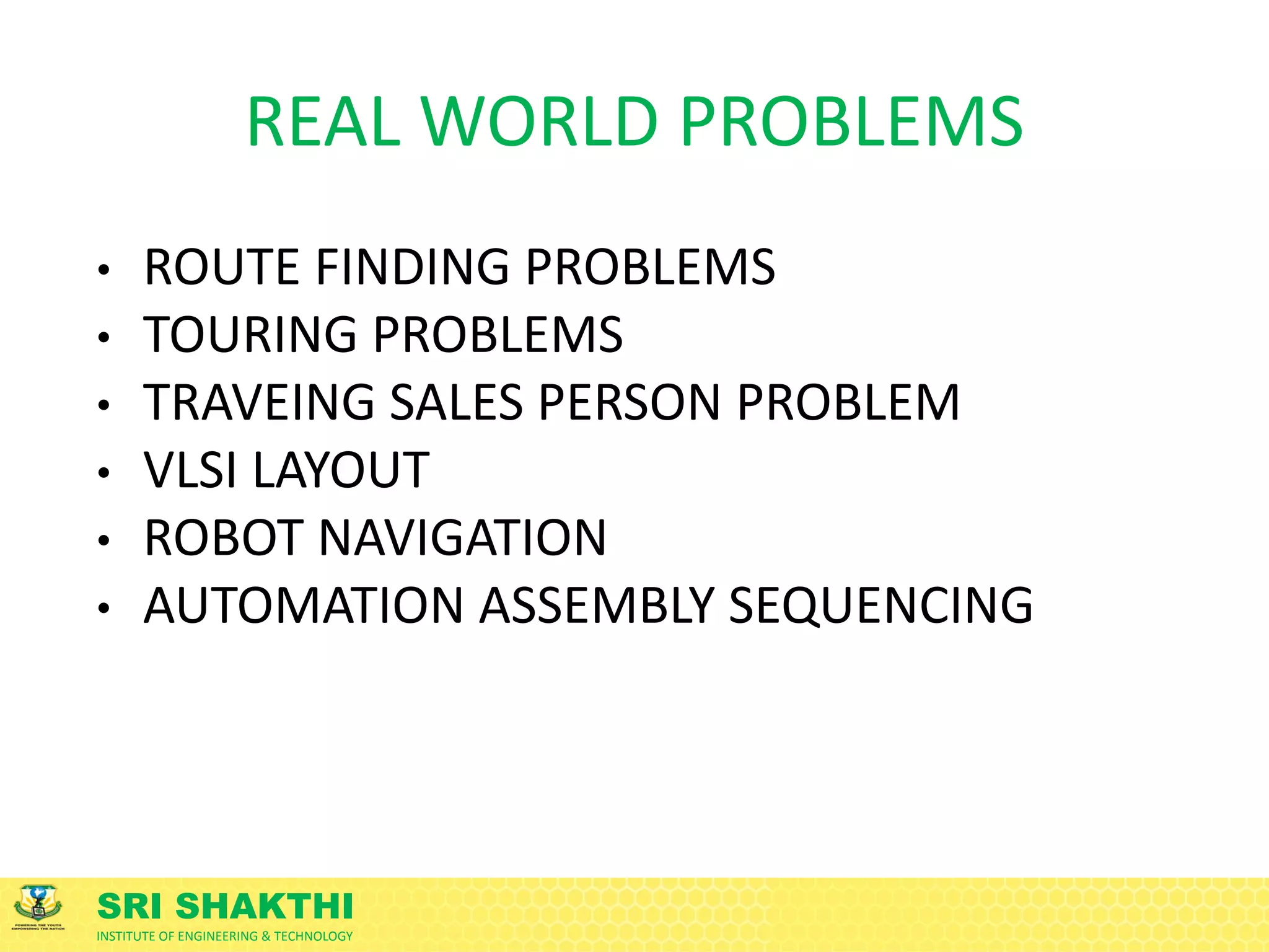 SRI SHAKTHI
INSTITUTE OF ENGINEERING & TECHNOLOGY
REAL WORLD PROBLEMS
• ROUTE FINDING PROBLEMS
• TOURING PROBLEMS
• TRAVEING SALES PERSON PROBLEM
• VLSI LAYOUT
• ROBOT NAVIGATION
• AUTOMATION ASSEMBLY SEQUENCING
 