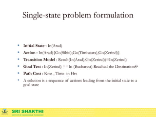 SRI SHAKTHI
INSTITUTE OF ENGINEERING & TECHNOLOGY
Single-state problem formulation
• Initial State : In(Arad)
• Action : In(Arad){Go(Sibiu),Go(Timisoara),Go(Zerind)}
• Transition Model : Result(In(Arad),Go(Zerind))=In(Zerind)
• Goal Test : In(Zerind) ==In (Bucharest) Reached the Destination??
• Path Cost : Kms , Time in Hrs
• A solution is a sequence of actions leading from the initial state to a
goal state
 