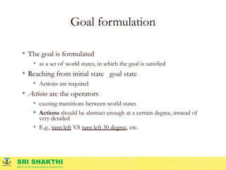 SRI SHAKTHI
INSTITUTE OF ENGINEERING & TECHNOLOGY
Goal formulation
• The goal is formulated
• as a set of world states, in which the goal is satisfied
• Reaching from initial state 🡪 goal state
• Actions are required
• Actions are the operators
• causing transitions between world states
• Actions should be abstract enough at a certain degree, instead of
very detailed
• E.g., turn left VS turn left 30 degree, etc.
 
