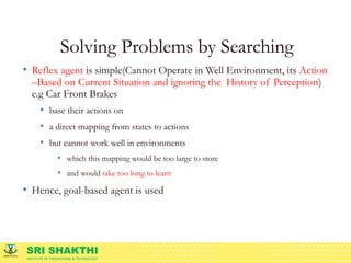 SRI SHAKTHI
INSTITUTE OF ENGINEERING & TECHNOLOGY
Solving Problems by Searching
• Reflex agent is simple(Cannot Operate in Well Environment, its Action
–Based on Current Situation and ignoring the History of Perception)
e.g Car Front Brakes
• base their actions on
• a direct mapping from states to actions
• but cannot work well in environments
• which this mapping would be too large to store
• and would take too long to learn
• Hence, goal-based agent is used
 