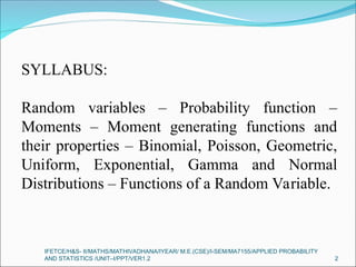 ONE DIMENTIONAL RANDOM VARIABLES FOR ENGINEERING STUDENTS | PPT
