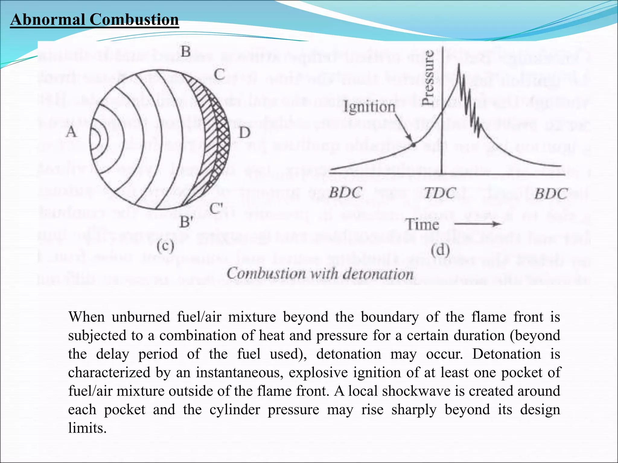 Abnormal Combustion
When unburned fuel/air mixture beyond the boundary of the flame front is
subjected to a combination of heat and pressure for a certain duration (beyond
the delay period of the fuel used), detonation may occur. Detonation is
characterized by an instantaneous, explosive ignition of at least one pocket of
fuel/air mixture outside of the flame front. A local shockwave is created around
each pocket and the cylinder pressure may rise sharply beyond its design
limits.
 