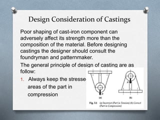 Poor shaping of cast-iron component can
adversely affect its strength more than the
composition of the material. Before designing
castings the designer should consult the
foundryman and patternmaker.
The general principle of design of casting are as
follow:
1. Always keep the stressed
areas of the part in
compression
Design Consideration of Castings
 