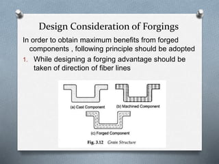 Design Consideration of Forgings
In order to obtain maximum benefits from forged
components , following principle should be adopted
1. While designing a forging advantage should be
taken of direction of fiber lines
 