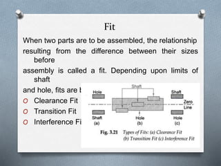 Fit
When two parts are to be assembled, the relationship
resulting from the difference between their sizes
before
assembly is called a fit. Depending upon limits of
shaft
and hole, fits are broadly classified in three groups:
O Clearance Fit
O Transition Fit
O Interference Fit
 