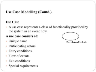 Use Case Modelling (Contd.)
Use Case
• A use case represents a class of functionality provided by
the system as an event flow.
A use case consists of:
• Unique name
• Participating actors
• Entry conditions
• Flow of events
• Exit conditions
• Special requirements
PurchaseTicket
 