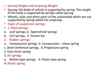 • Sprung Weight and Unsprung Weight:
• Sprung: the body of vehicle is supported by spring. The weight
of the body is supported by springs called sprung.
• Wheels, axles and other parts of the automobile which are not
supported by spring called the unsprung.
• Types of suspension springs:
• 1. Steel springs:
a. Leaf springs, b. Tapered leaf springs
b. Coil springs, 4. Torsion bar
2. Rubber springs:
a. Compression springs b. Compression – shear spring
c. Steel reinforced springs, d. Progressive spring
e. Face shear spring
3. Air springs
a. Bellow type springs, b. Piston type spring
4. Plastic spring.
 