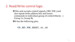 2. Read/Write control logic
This unit accepts control signals ( RD, WR ) and
also inputs from address bus and issues
commands to individual group of control blocks (
Group A, Group B).
It has the following pins.
CS , RD , WR , RESET , A1 , A0
24
 