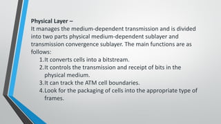 Physical Layer –
It manages the medium-dependent transmission and is divided
into two parts physical medium-dependent sublayer and
transmission convergence sublayer. The main functions are as
follows:
1.It converts cells into a bitstream.
2.It controls the transmission and receipt of bits in the
physical medium.
3.It can track the ATM cell boundaries.
4.Look for the packaging of cells into the appropriate type of
frames.
 