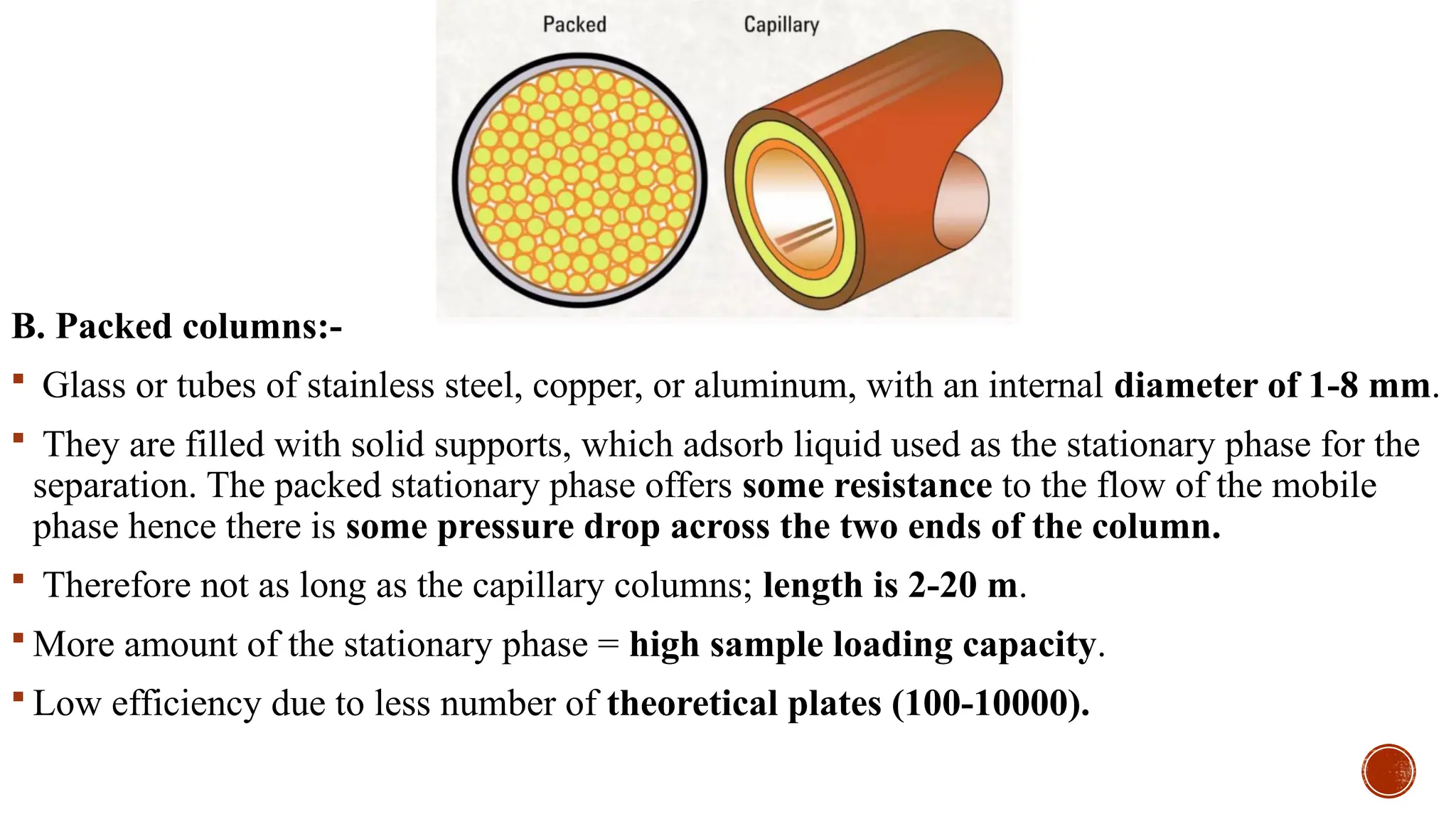 B. Packed columns:-
 Glass or tubes of stainless steel, copper, or aluminum, with an internal diameter of 1-8 mm.
 They are filled with solid supports, which adsorb liquid used as the stationary phase for the
separation. The packed stationary phase offers some resistance to the flow of the mobile
phase hence there is some pressure drop across the two ends of the column.
 Therefore not as long as the capillary columns; length is 2-20 m.
 More amount of the stationary phase = high sample loading capacity.
 Low efficiency due to less number of theoretical plates (100-10000).
 
