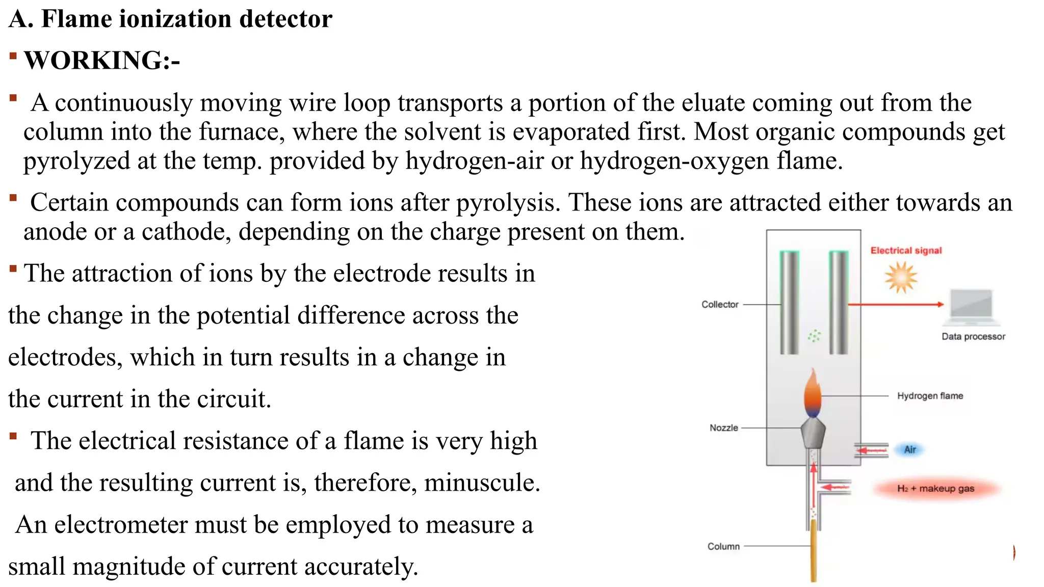A. Flame ionization detector
 WORKING:-
 A continuously moving wire loop transports a portion of the eluate coming out from the
column into the furnace, where the solvent is evaporated first. Most organic compounds get
pyrolyzed at the temp. provided by hydrogen-air or hydrogen-oxygen flame.
 Certain compounds can form ions after pyrolysis. These ions are attracted either towards an
anode or a cathode, depending on the charge present on them.
 The attraction of ions by the electrode results in
the change in the potential difference across the
electrodes, which in turn results in a change in
the current in the circuit.
 The electrical resistance of a flame is very high
and the resulting current is, therefore, minuscule.
An electrometer must be employed to measure a
small magnitude of current accurately.
 