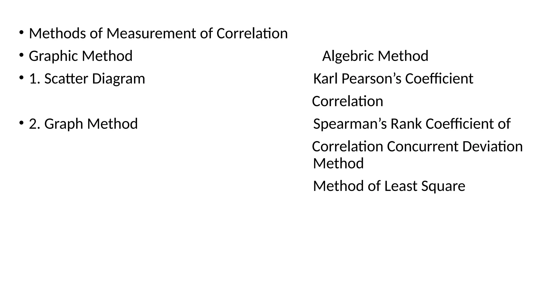 • Methods of Measurement of Correlation
• Graphic Method Algebric Method
• 1. Scatter Diagram Karl Pearson’s Coefficient
Correlation
• 2. Graph Method Spearman’s Rank Coefficient of
Correlation Concurrent Deviation
Method
Method of Least Square
 
