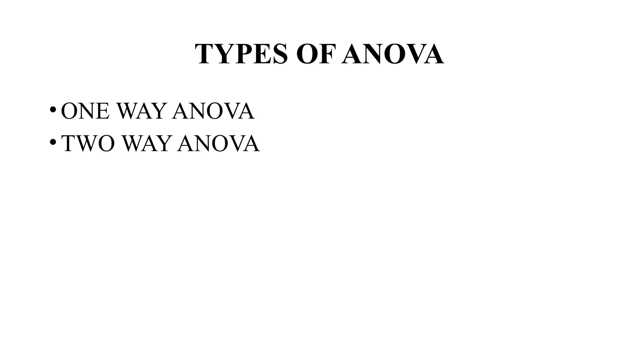 TYPES OF ANOVA
•ONE WAY ANOVA
•TWO WAY ANOVA
 
