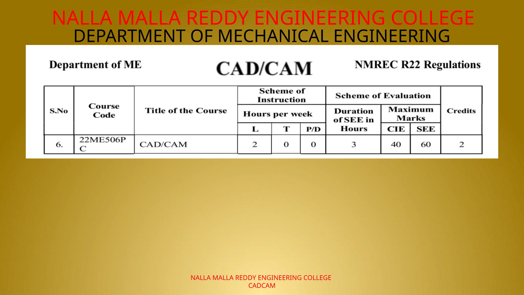 NALLA MALLA REDDY ENGINEERING COLLEGE
DEPARTMENT OF MECHANICAL ENGINEERING
NALLA MALLA REDDY ENGINEERING COLLEGE
CADCAM
 