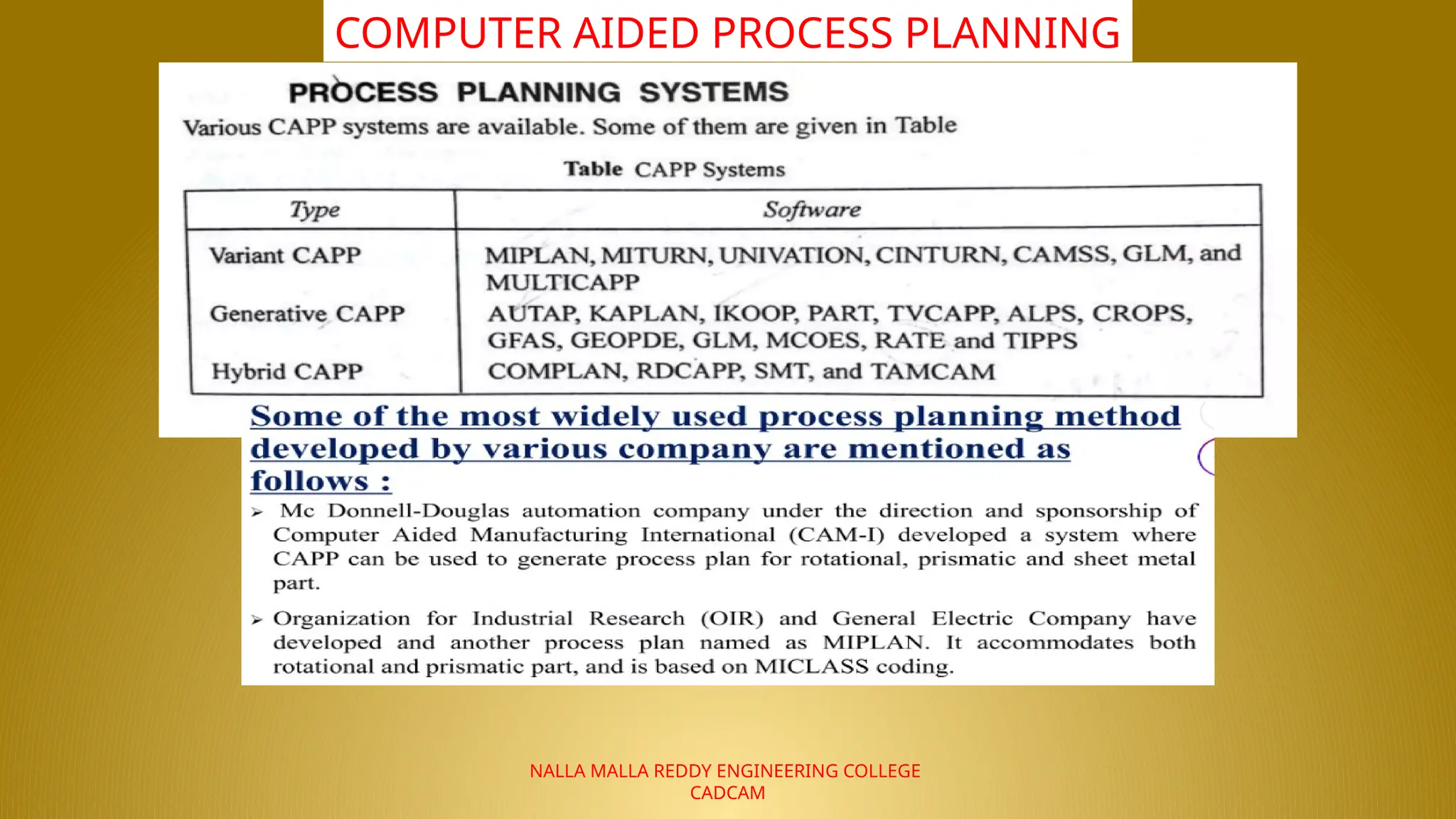 NALLA MALLA REDDY ENGINEERING COLLEGE
CADCAM
COMPUTER AIDED PROCESS PLANNING
 