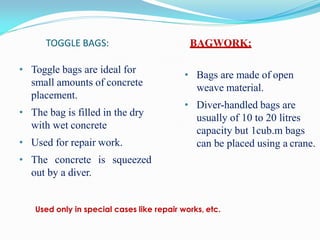 TOGGLE BAGS:
• Toggle bags are ideal for
small amounts of concrete
placement.
• The bag is filled in the dry
with wet concrete
• Used for repair work.
• The concrete is squeezed
out by a diver.
BAGWORK:
• Bags are made of open
weave material.
• Diver-handled bags are
usually of 10 to 20 litres
capacity but 1cub.m bags
can be placed using a crane.
22
Used only in special cases like repair works, etc.
 