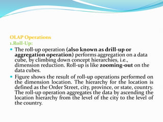 OLAP Operations
1.Roll-Up:
 The roll-up operation (also known as drill-up or
aggregation operation) performs aggregation on a data
cube, by climbing down concept hierarchies, i.e.,
dimension reduction. Roll-up is like zooming-out on the
data cubes.
 Figure shows the result of roll-up operations performed on
the dimension location. The hierarchy for the location is
defined as the Order Street, city, province, or state, country.
The roll-up operation aggregates the data by ascending the
location hierarchy from the level of the city to the level of
the country.
 