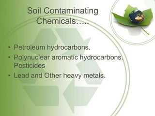 Soil Contaminating
Chemicals…..
• Petroleum hydrocarbons.
• Polynuclear aromatic hydrocarbons.
Pesticides
• Lead and Other heavy metals.
 