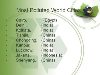 Most Polluted World Cities..
•
•
•
•
•
•
•
•
•
Cairo,
Delhi,
Kolkata,
Tianjin,
Chongqing,
Kanpur,
Lucknow,
Jakarta,
Shenyang,
(Egypt)
(India)
(India)
(China)
(China)
(India)
(India)
(Indonesia)
(China)
 