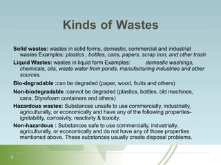 Kinds of Wastes
Solid wastes: wastes in solid forms, domestic, commercial and industrial
wastes Examples: plastics , bottles, cans, papers, scrap iron, and other trash
Liquid Wastes: wastes in liquid form Examples: domestic washings,
chemicals, oils, waste water from ponds, manufacturing industries and other
sources.
Bio-degradable :can be degraded (paper, wood, fruits and others)
Non-biodegradable :cannot be degraded (plastics, bottles, old machines,
cans, Styrofoam containers and others)
Hazardous wastes: Substances unsafe to use commercially, industrially,
agriculturally, or economically and have any of the following properties-
ignitability, corrosivity, reactivity & toxicity.
Non-hazardous : Substances safe to use commercially, industrially,
agriculturally, or economically and do not have any of those properties
mentioned above. These substances usually create disposal problems.
 